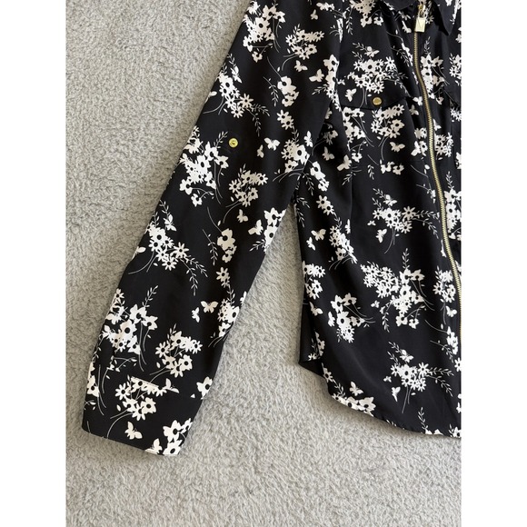 Michael Kors Jacket Womens Medium Black White Floral Full Zip Gold Accents Shirt - Picture 3 of 15